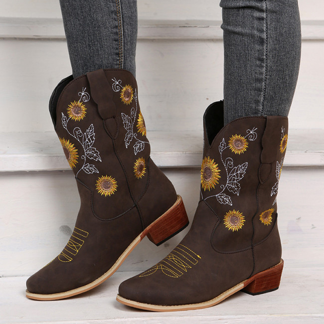 Pointed Toe Chunky Heel Embroidered Mid-Cut Rider Boots for Women