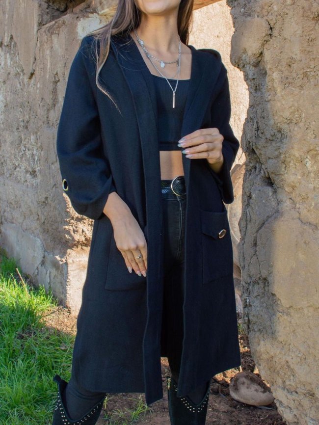 Women's Coats Solid Pocket Hooded Wool Coat