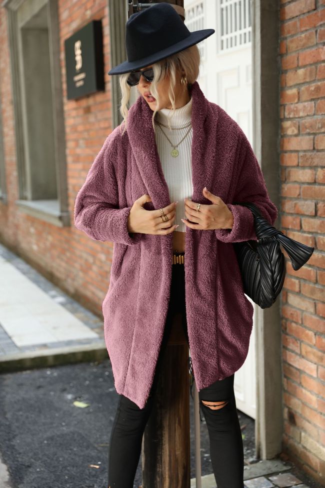 Women's Jacket Buttonless Solid Color Loose Lapel Long Fleece Coat