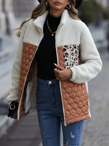 Women's Casual Long Sleeve Loose Round Neck Stitched Zipper Animal Print Fleece Jacket Coat