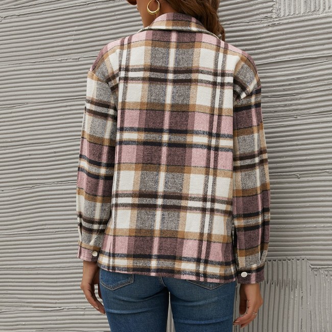 Women's Plaid Jacket Coat Lapel Long Sleeve Oversized Wool Jacket Plaid Shirt Coat