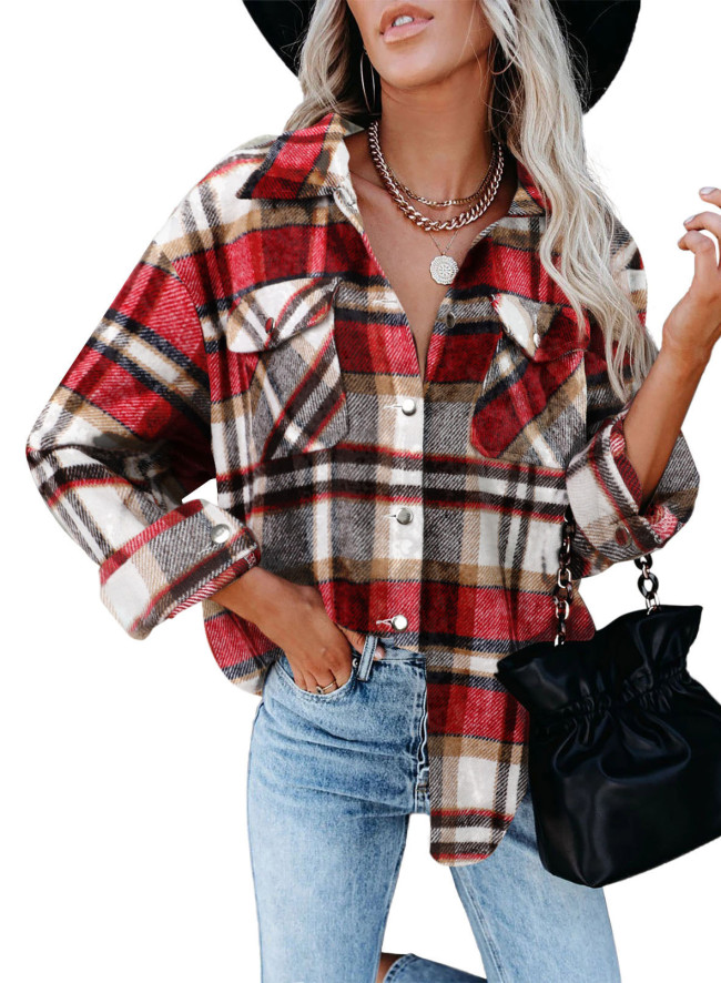 Women's Plaid Jacket Coat Lapel Long Sleeve Oversized Wool Jacket Plaid Shirt Coat