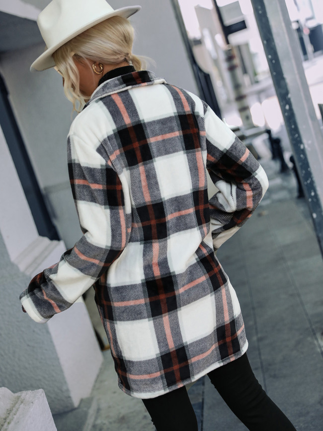 Women's Cardigan Long Sleeve V-Neck Long Lapel Warm Fleece Plaid Jacket