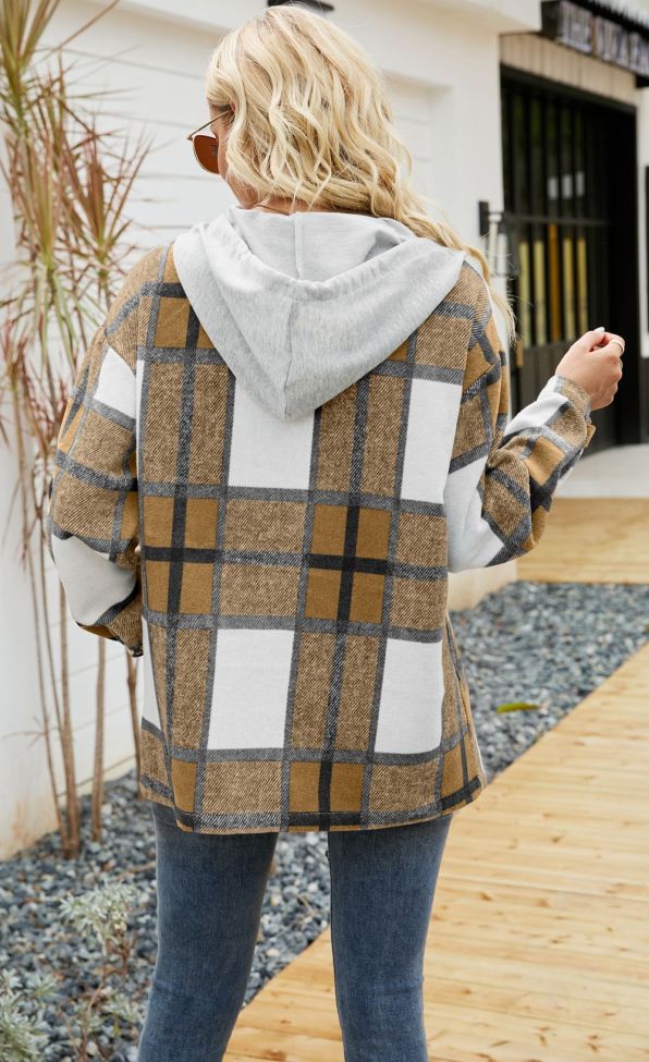 Women's Plaid Shirt Hooded Check Shirt Long Sleeve Pocket Shirt Jacket