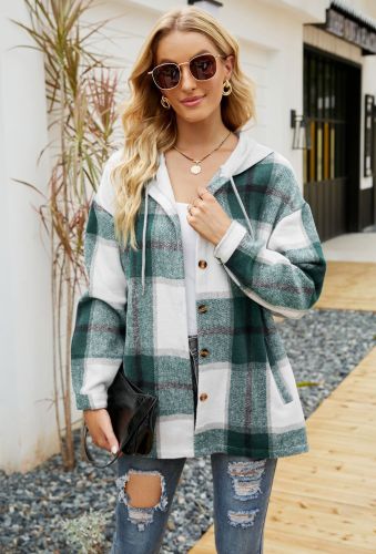 Women's Plaid Shirt Hooded Check Shirt Long Sleeve Pocket Shirt Jacket