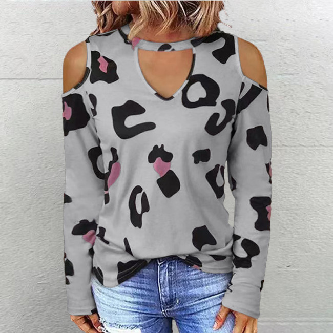 Women's T-Shirts Leopard Print Hollow Out Shoulder Crew Neck Long Sleeve Fall Outfits T-Shirt Top