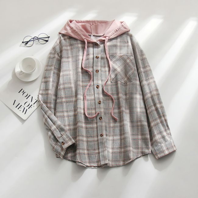 Women's Plaid Shirt Hooded Long Sleeve Casual Fall Outfit Plaid Shirt