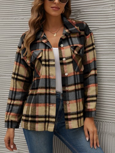 Women's Plaid Jacket Coat Lapel Long Sleeve Oversized Wool Jacket Plaid Shirt Coat