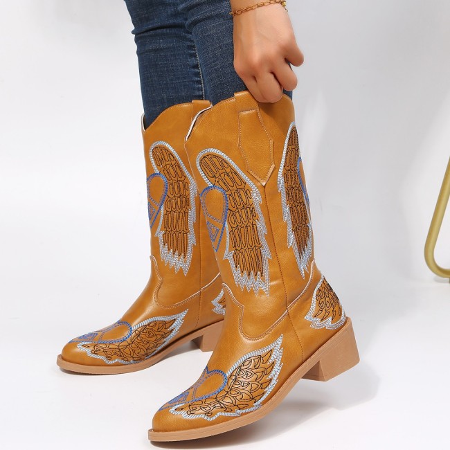 Chunky Heel Western Cowboy Boots Embroidered Rider Boots Vintage Mid Tube Women's Fashion Boots