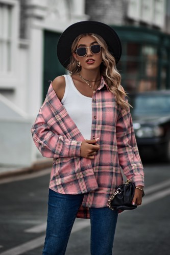 Women's Plaid Coat Oversized Long Sleeve Lapel Button Down Fall Oufit Plaid Shirt