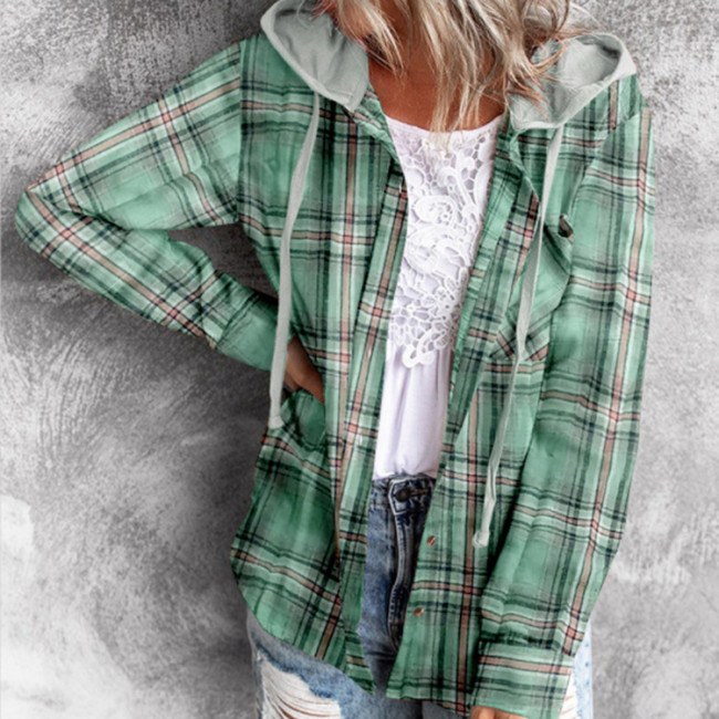 Women's Plaid Shirt Hooded Long Sleeve Casual Fall Outfit Plaid Shirt