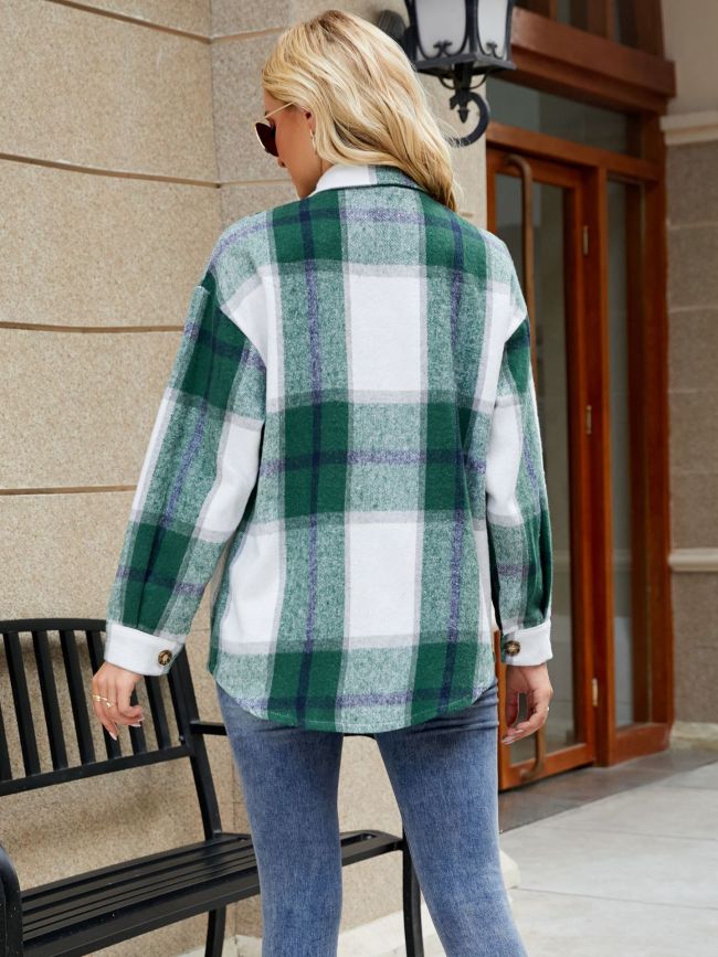 Women's Plaid Shirt Lapel Long Sleeve with Pocket Plaid Shirt Jacket