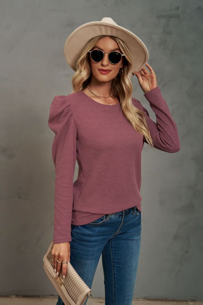 Women's Long Sleeve T-Shirt Pleated Stitching Crew Neck Waffle Solid Color T-Shirt Top