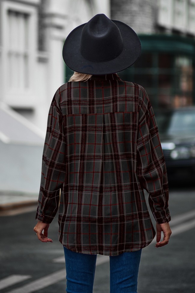 Women's Plaid Coat Oversized Long Sleeve Lapel Button Down Fall Oufit Plaid Shirt
