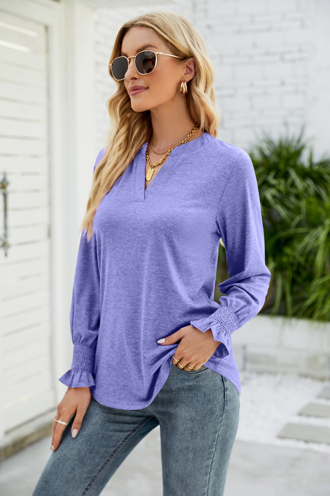 Women's T-Shirt Long Ruffle Sleeve V-Neck Loose Casual Solid Color T-Shirt Top