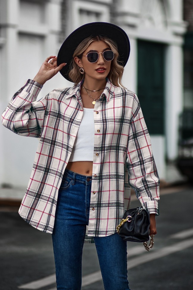 Women's Plaid Coat Oversized Long Sleeve Lapel Button Down Fall Oufit Plaid Shirt