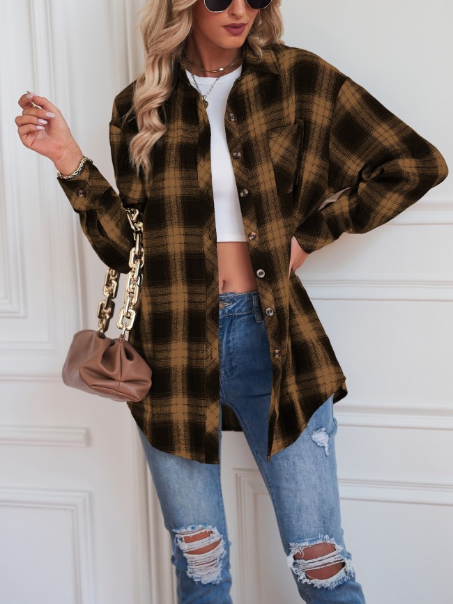 Women's Plaid Shirt Lapel Long Sleeve Check Shirt Oversize Plaid Shirt Jacket