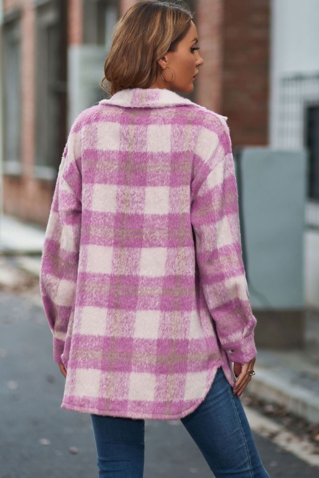 Women's Plaid Coat Lapel Long Sleeve Thick Woolen Plaid Jacket Coat