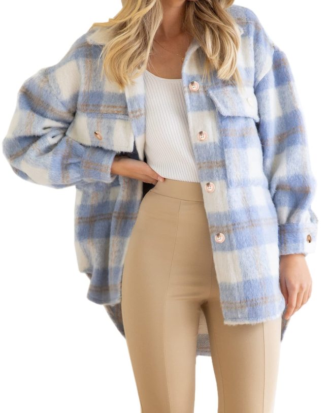 Women's Plaid Coat Lapel Long Sleeve Thick Woolen Plaid Jacket Coat