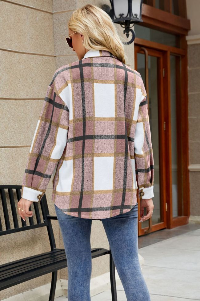 Women's Plaid Shirt Lapel Long Sleeve with Pocket Plaid Shirt Jacket