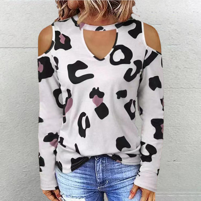 Women's T-Shirts Leopard Print Hollow Out Shoulder Crew Neck Long Sleeve Fall Outfits T-Shirt Top