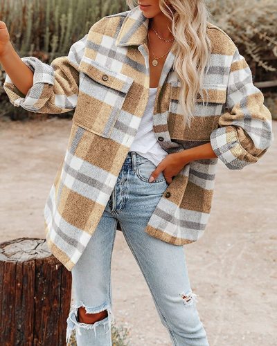 Women's Plaid Coat Lapel Long Sleeve Oversize Plus Size Plaid Jacket Coat