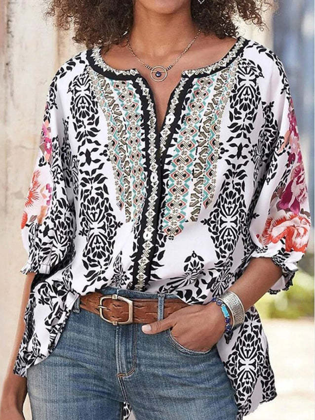 Women's Blouses Loose Vintage Print Long Sleeve Blouses