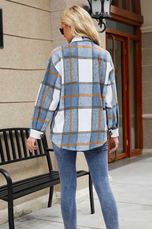 Women's Plaid Shirt Lapel Long Sleeve with Pocket Plaid Shirt Jacket