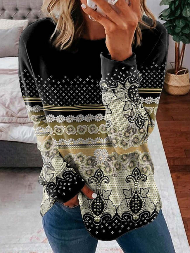 Women's T-Shirts Floral Printed Round Neck Long Sleeve Casual T-Shirt