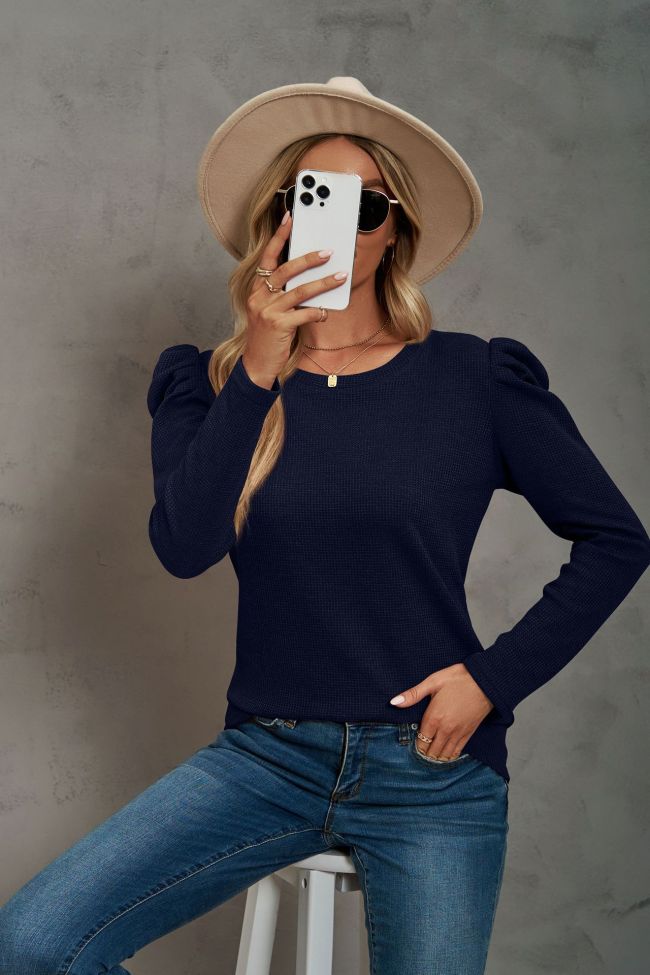 Women's Long Sleeve T-Shirt Pleated Stitching Crew Neck Waffle Solid Color T-Shirt Top