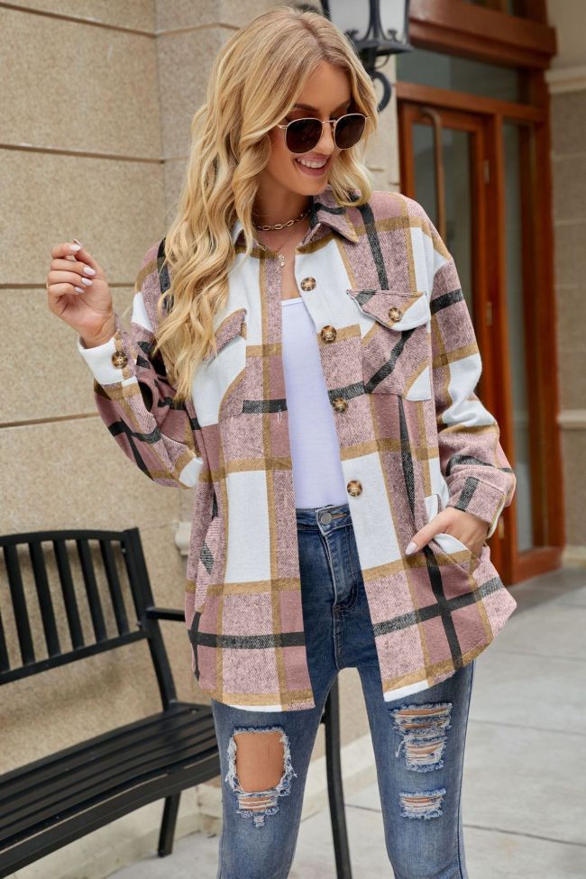 Women's Plaid Shirt Lapel Long Sleeve with Pocket Plaid Shirt Jacket