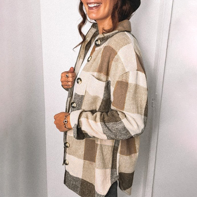 Women's Plaid Coat Single-Breasted Shirt Plaid Coat