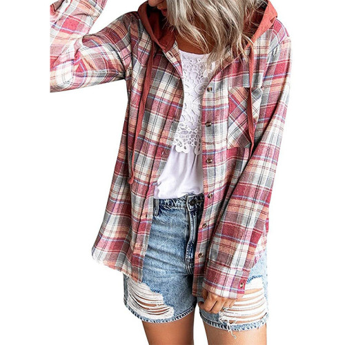 Women's Plaid Shirt Hooded Long Sleeve Casual Fall Outfit Plaid Shirt