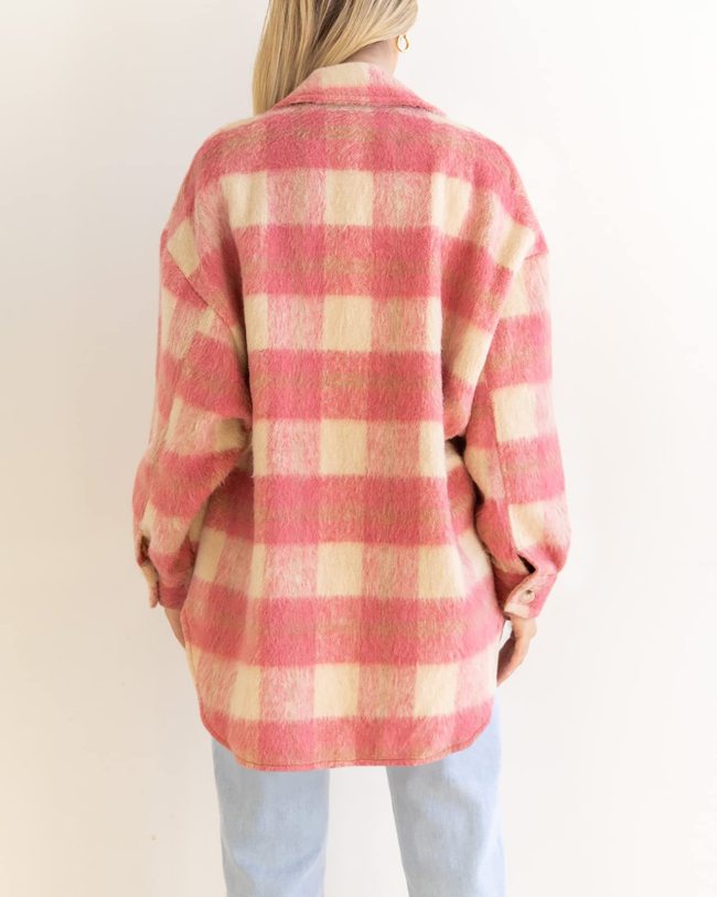 Women's Plaid Coat Lapel Long Sleeve Thick Woolen Plaid Jacket Coat