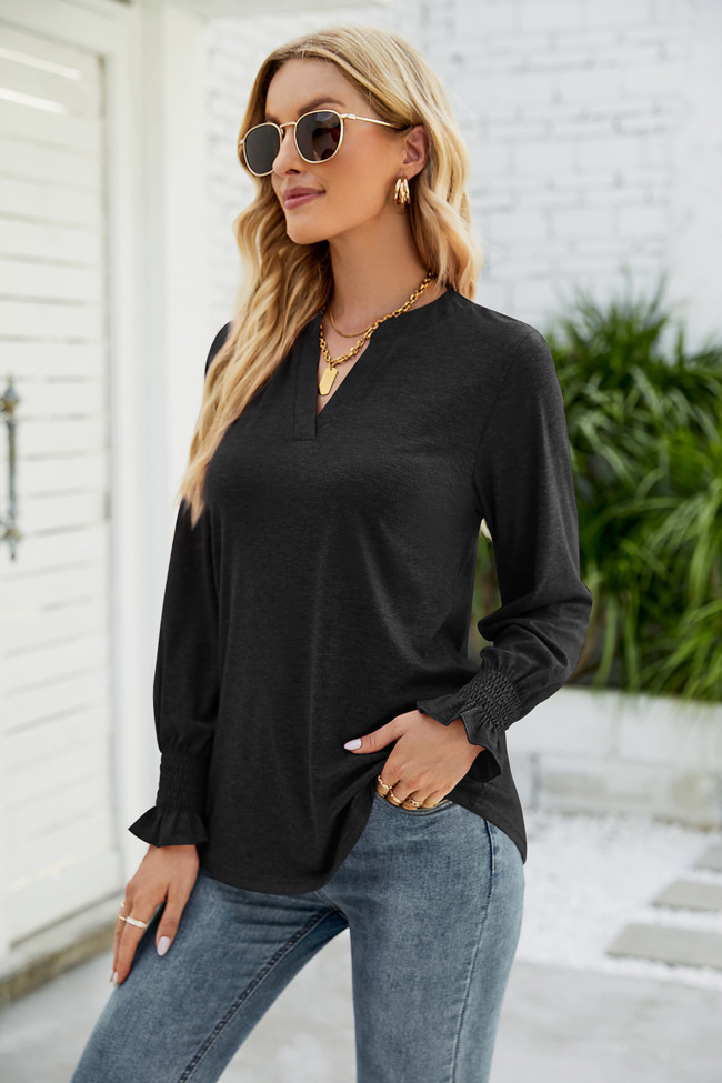 Women's T-Shirt Long Ruffle Sleeve V-Neck Loose Casual Solid Color T-Shirt Top