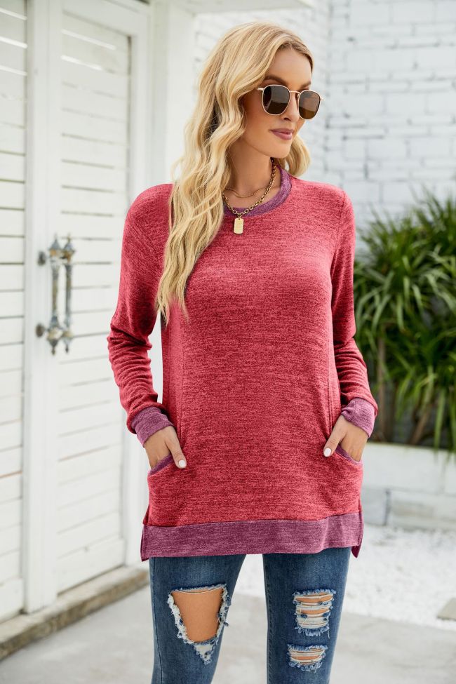 Women's Fall T-Shirt Crew Neck Colorblock Long Sleeve Pullover Loose Casual T-Shirt with Pockets