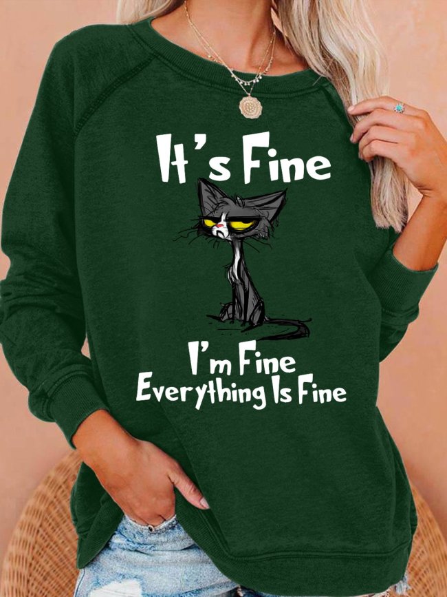 Womens Funny I Am Fine Black Cat Casual Christmas Sweatshirts