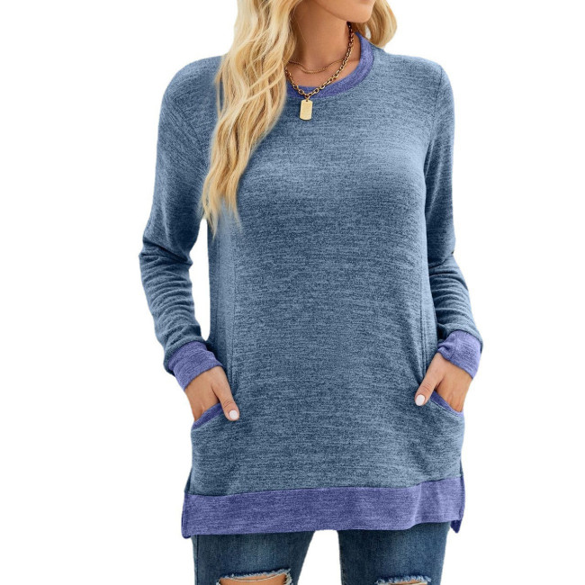 Women's Fall T-Shirt Crew Neck Colorblock Long Sleeve Pullover Loose Casual T-Shirt with Pockets