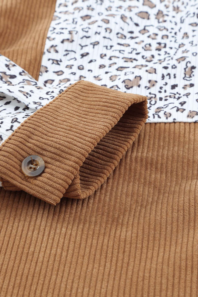 Leopard Patchwork Corduroy Buttoned Shirt Jacket for Women