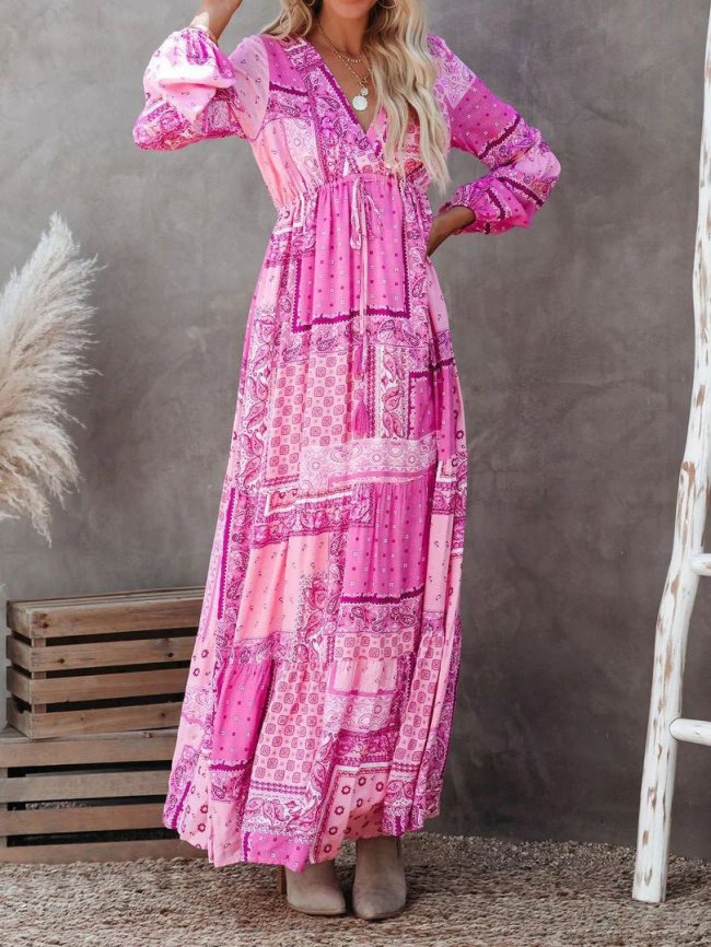Women's Boho Dresses V-Neck Geometric Pattern Long Sleeve Pink Beach Holiday Dress with Pocket