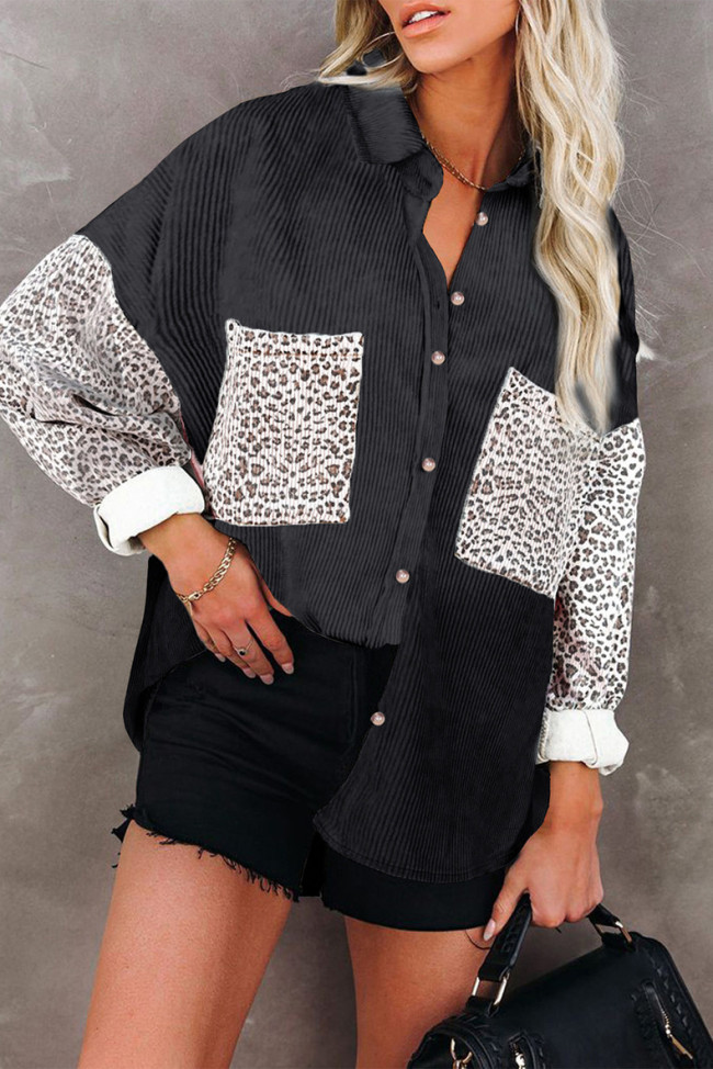 Leopard Patchwork Corduroy Buttoned Shirt Jacket for Women