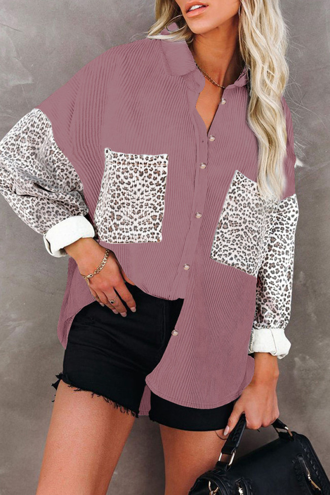 Leopard Patchwork Corduroy Buttoned Shirt Jacket for Women