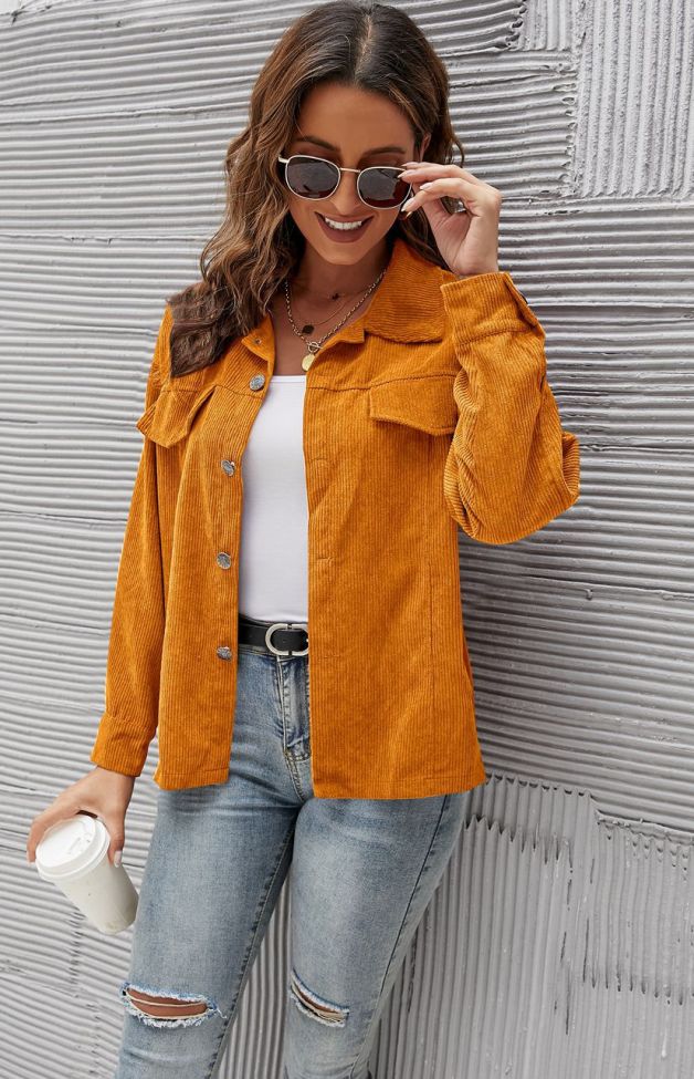 Corduroy Solid Color Single Breasted Casual Loose Long Sleeve Shirt