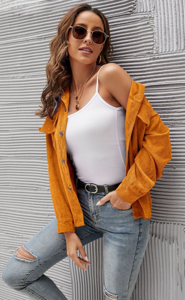 Corduroy Solid Color Single Breasted Casual Loose Long Sleeve Shirt