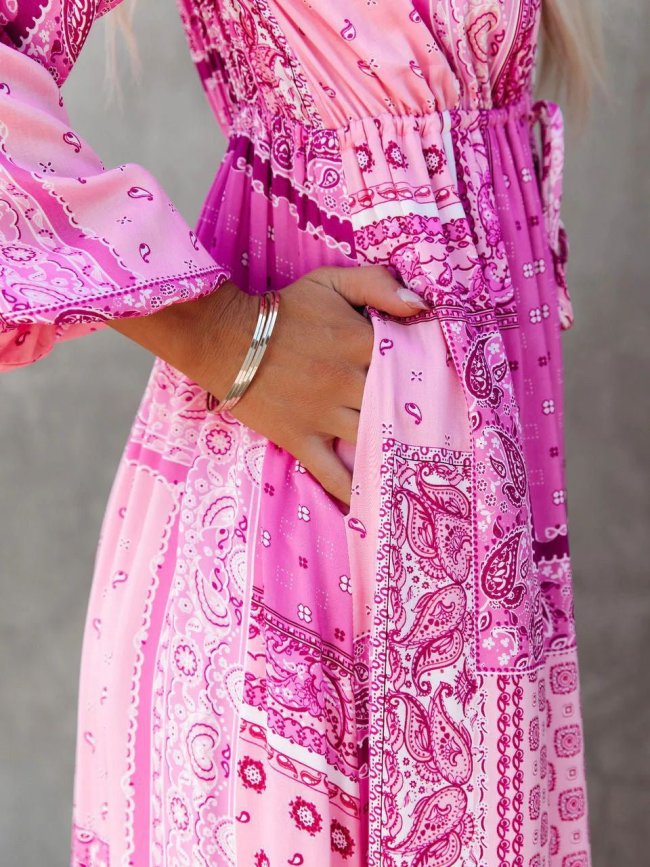 Women's Boho Dresses V-Neck Geometric Pattern Long Sleeve Pink Beach Holiday Dress with Pocket