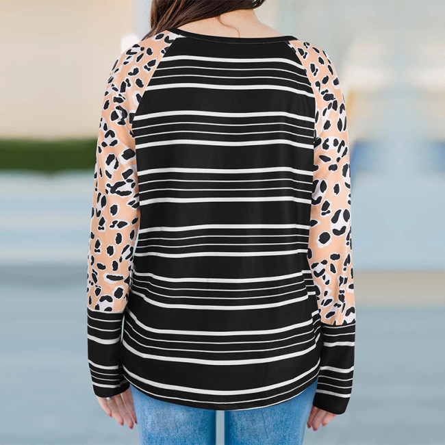 Women's T-Shirt Striped Print Leopard Long Sleeve Crew Neck Casual T-Shirt