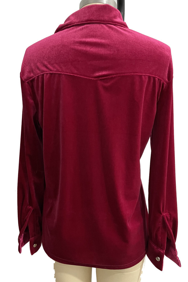 Women's Velvet Shirt Retro Patch Pocket Button Velvet Shirt