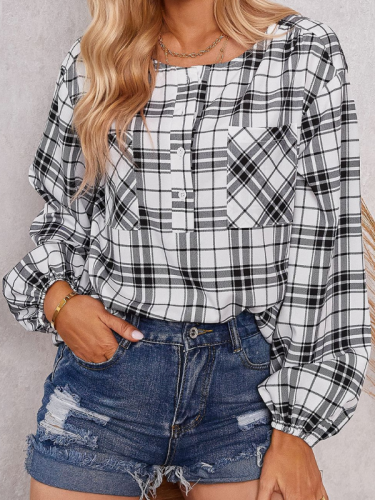 Women's Shirt Crew Neck Loose Plaid Puff Sleeve Check Shirt