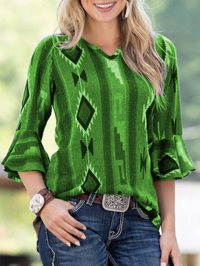 Women's T-Shirt Geo Pattern Geometric Aztec Western Style V Neck Ruffle Sleeve Top