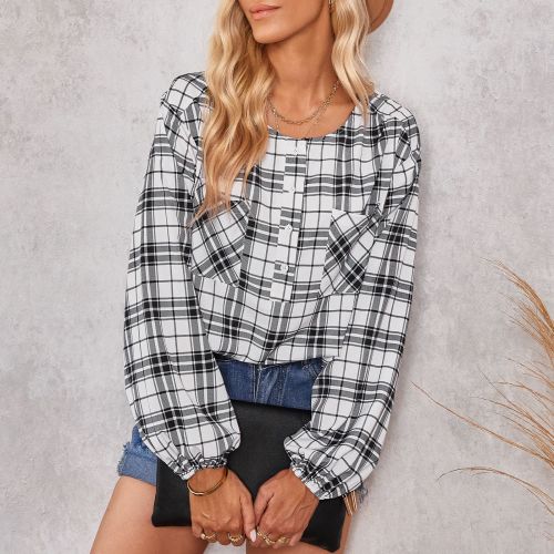 Women's Shirt Crew Neck Loose Plaid Puff Sleeve Check Shirt